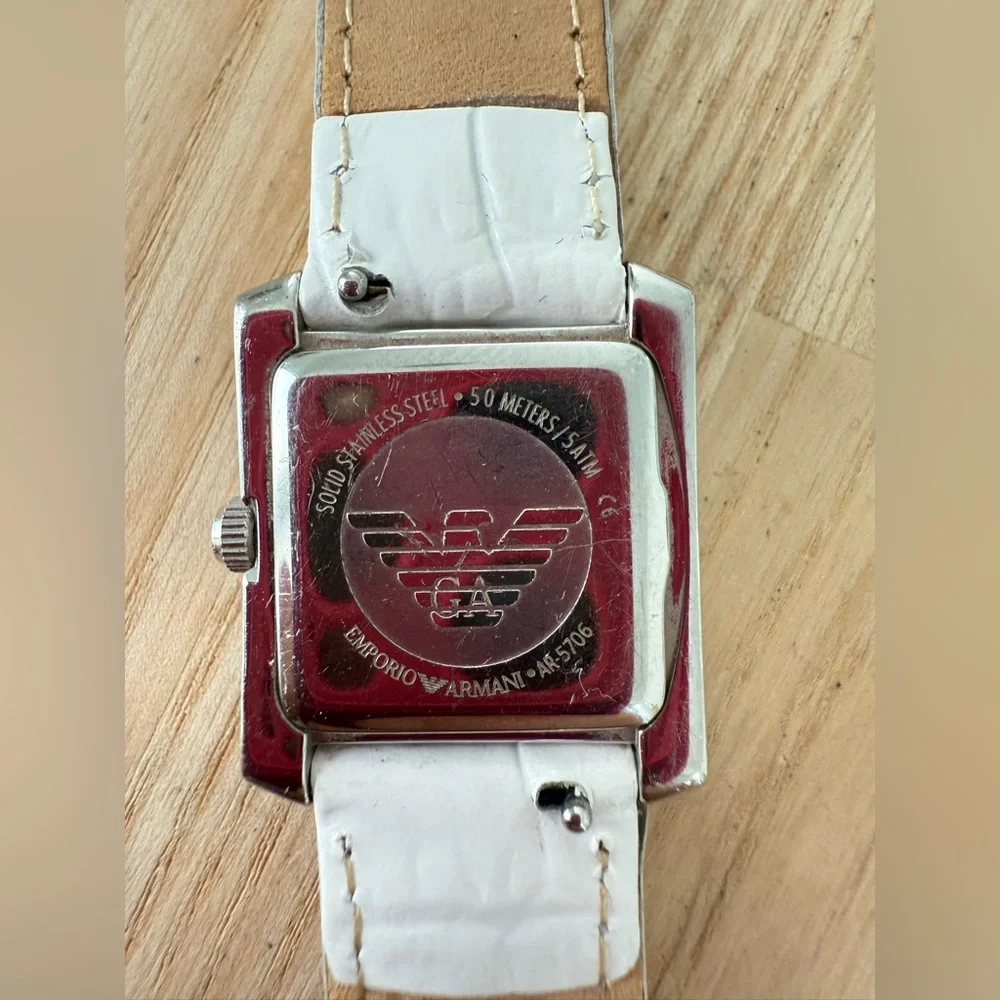 Emporio Armani ladies silver tone square white leather watch NEW BATTERY